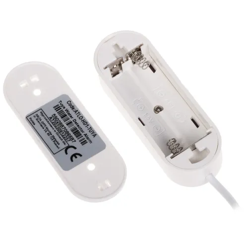 Biały pojemnik na baterie 2 x 1,5V AAA z otwartą pokrywą, ukazujący sprężynowe złącza wewnątrz. Obok leży odłączona pokrywa z etykietą zawierającą informacje techniczne.