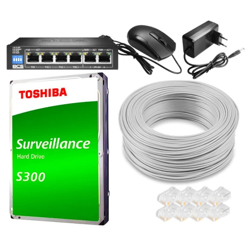 Zestaw do monitoringu składa się z dysku twardego Toshiba Surveillance S300, przełącznika sieciowego, myszy, zasilacza, kabla sieciowego oraz złączek RJ45. Produkty są przeznaczone do instalacji i obsługi systemów nadzoru wizyjnego.