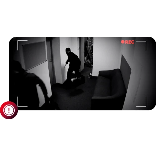 Czarno-białe zdjęcie przedstawia dwóch zamaskowanych mężczyzn w ciemnym korytarzu, z których jeden niesie torbę. Scena wygląda jak nagranie z kamery bezpieczeństwa, z ikoną nagrywania w prawym górnym rogu.