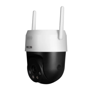 Na zdjęciu znajduje się obrotowa kamera Wi-Fi w kolorze czarno-białym z dwoma antenami. Kamera ma widoczne obiektyw oraz cztery diody LED wokół niego.