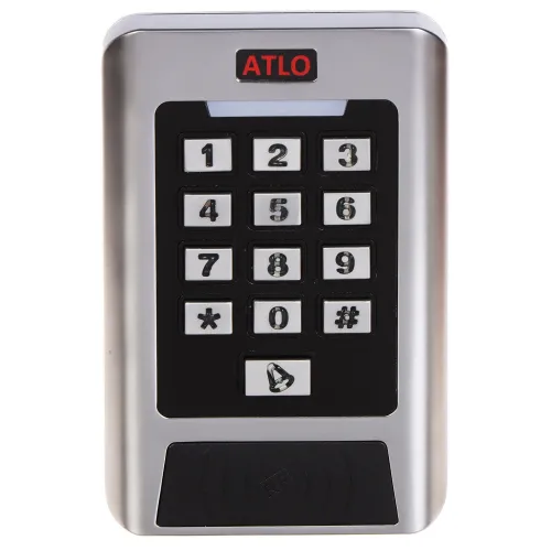 Prostokątny panel z klawiaturą numeryczną i przyciskami od 0 do 9 oraz symbolami * i #. Na górze znajduje się czerwony napis "ATLO", a na dole miejsce na kartę zbliżeniową.