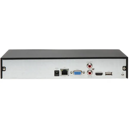 Zdjęcie przedstawia tylny panel urządzenia elektronicznego z różnymi portami, w tym złączami HDMI, VGA, USB, audio oraz zasilania. Obudowa jest metalowa, a porty są rozmieszczone w równych odstępach.