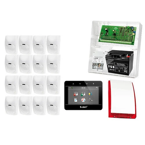 Na zdjęciu znajduje się profesjonalny system alarmowy, który obejmuje zestaw czujników ruchu, centralę alarmową z akumulatorem, panel sterujący oraz syrenę alarmową. Komponenty są rozmieszczone na białym tle, co podkreśla ich nowoczesny design i funkcjonalność.