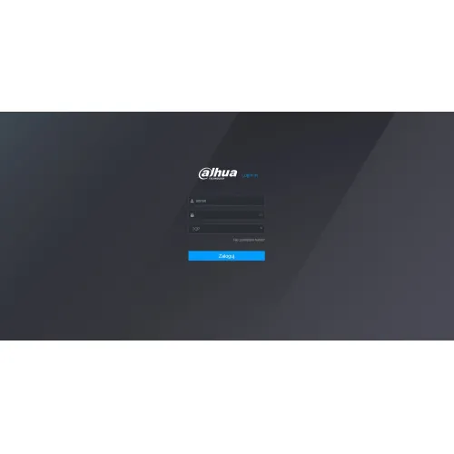 Ekran logowania do interfejsu urządzenia Dahua z polami na nazwę użytkownika i hasło oraz przyciskiem "Zaloguj". Tło jest ciemnoszare z delikatnym gradientem.