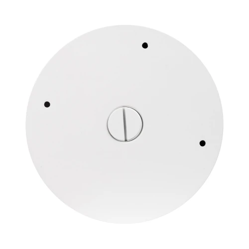Biała, okrągła puszka montażowa do kamer z centralnym otworem na śrubę i trzema mniejszymi otworami wokół. Prosty, minimalistyczny design przeznaczony do instalacji kamer.