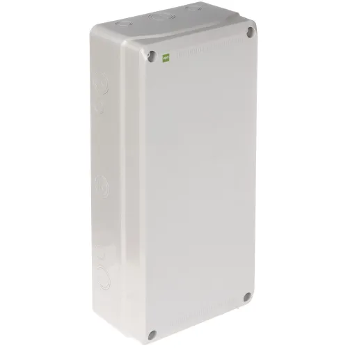 Prostokątna, szara puszka odgałęźna z tworzywa sztucznego, posiadająca zaokrąglone rogi i kilka okrągłych zaślepek na bokach. Produkt ma gładką powierzchnię i jest oznaczony symbolem IP65, co wskazuje na jego odporność na pył i wodę.