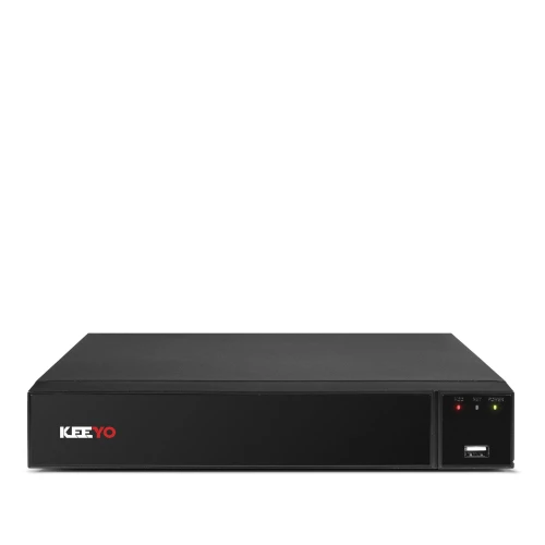 Czarny rejestrator 4-kanałowy z logo KEEYO na przednim panelu, wyposażony w port USB. Na górnym prawym rogu znajdują się trzy diody sygnalizacyjne.