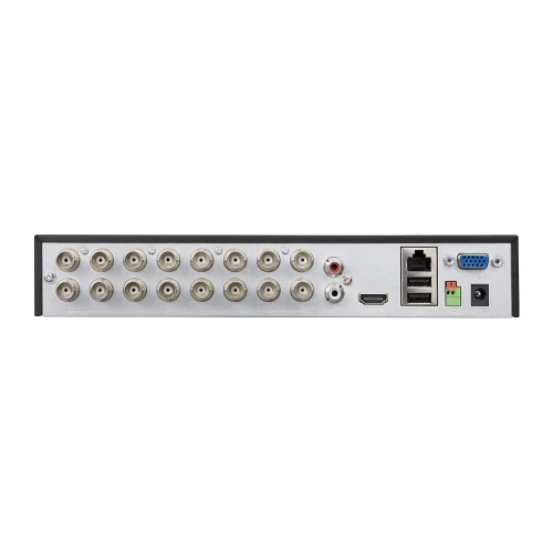 Zdjęcie przedstawia tylny panel rejestratora hybrydowego z 16 wejściami BNC, portami USB, HDMI, VGA oraz złączami audio. Urządzenie ma srebrną obudowę z czarnymi elementami na krawędziach.