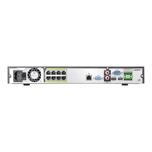 Zdjęcie przedstawia tylny panel rejestratora hybrydowego z różnymi portami i złączami, w tym HDMI, VGA, USB oraz złączami sieciowymi. Widoczne są także wentylator oraz gniazdo zasilania.