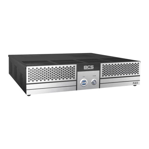 Rejestrator IP 35-kanałowy marki BCS z serii FLEX, w obudowie o nowoczesnym designie z metalicznymi elementami i perforacjami. Na przednim panelu znajdują się przyciski sterujące oraz logo producenta.