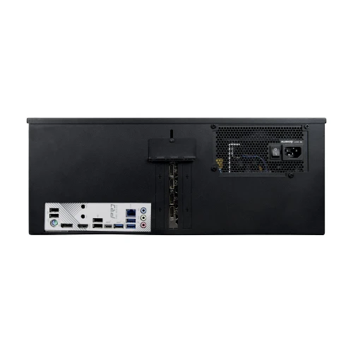 Czarny rejestrator IP z widocznymi portami i złączami na tylnej ściance. Urządzenie posiada różne wejścia, w tym USB, HDMI i złącza sieciowe.