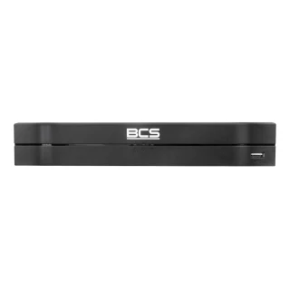 Czarny rejestrator IP marki BCS z widocznym logo na przednim panelu. Urządzenie posiada port USB po prawej stronie.