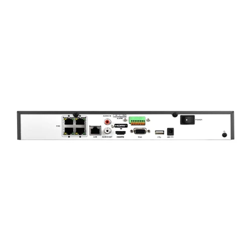 Zdjęcie przedstawia tylny panel rejestratora IP BCS z różnymi portami i złączami, w tym HDMI, USB, VGA, LAN oraz audio. Urządzenie ma prostokątny kształt i jest w kolorze srebrnym z czarnymi elementami.