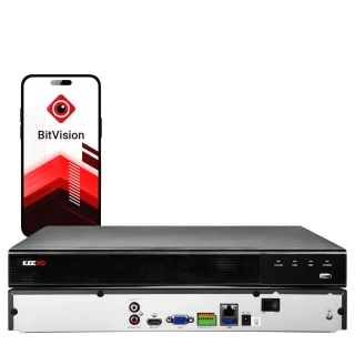 Na zdjęciu znajduje się rejestrator sieciowy Keeyo z widocznymi portami z tyłu urządzenia oraz smartfon z aplikacją BitVision na ekranie. Rejestrator ma czarną obudowę, a na telefonie widnieje czerwono-białe logo aplikacji.
