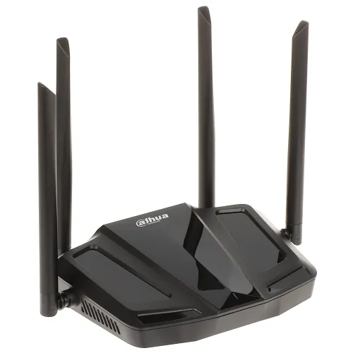 Czarny router Dahua z czterema antenami, widoczny z przodu i z góry. Urządzenie ma błyszczące wykończenie i logo Dahua na górnej powierzchni.