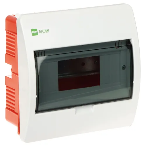 Rozdzielnica podtynkowa 8-modułowa z serii Elegant, w kolorze białym z przezroczystą, ciemną osłoną na przedniej części. Po bokach widoczne są czerwone elementy konstrukcyjne.