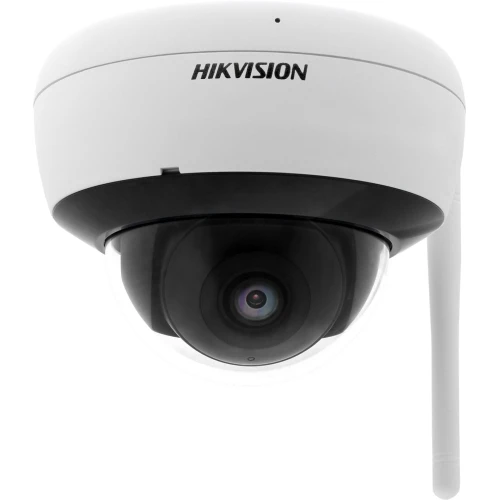 Na zdjęciu znajduje się kopułowa kamera IP z zestawu Monitoring bezprzewodowy Hikvision 8 kamery WiFi 4Mpx 1TB, charakteryzująca się nowoczesnym designem i solidną obudową. Kamera jest przeznaczona do monitoringu w wysokiej rozdzielczości, co zapewnia szczegółowy obraz.