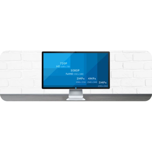 Na zdjęciu znajduje się monitor komputerowy wyświetlający różne rozdzielczości wideo, takie jak 720P, 1080P, 3MPx, 4MPx i 5MPx. Monitor stoi na tle białej ceglanej ściany.