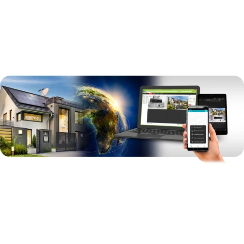 Na zdjęciu znajduje się sieciowa kamera kopułowa IP, która jest częścią systemu monitoringu. Obok kamery widoczne są urządzenia mobilne i laptop, sugerujące możliwość zdalnego zarządzania i podglądu obrazu.