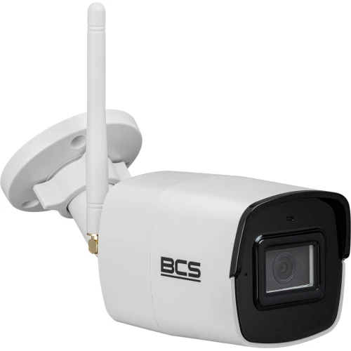 Biała, sieciowa kamera tubowa IP z anteną do bezprzewodowej transmisji danych, zamontowana na regulowanym uchwycie ściennym. Na obudowie widoczne jest logo BCS, a przedni panel kamery jest czarny z widocznym obiektywem.