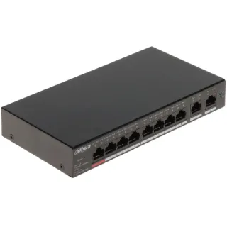 Na zdjęciu znajduje się czarny, prostokątny switch sieciowy Dahua z ośmioma portami Ethernet na przednim panelu. Urządzenie ma oznaczenia portów i logo producenta po lewej stronie.