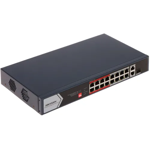 16-portowy switch PoE Hikvision DS-3E0318P-EMC z portami SFP, w czarnej obudowie z widocznymi złączami na przednim panelu. Urządzenie posiada otwory wentylacyjne po bokach.