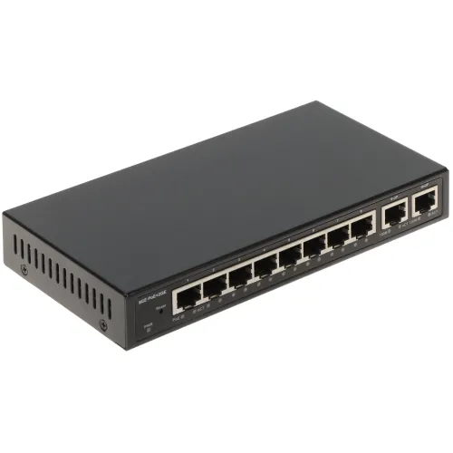 Czarny, prostokątny switch sieciowy z ośmioma portami Ethernet na przednim panelu. Obudowa urządzenia jest metalowa z otworami wentylacyjnymi po bokach.