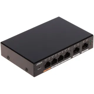 Czarny, prostokątny switch PoE Dahua z czterema portami Ethernet i dwoma portami uplink. Na przednim panelu znajdują się diody LED oraz przycisk reset.