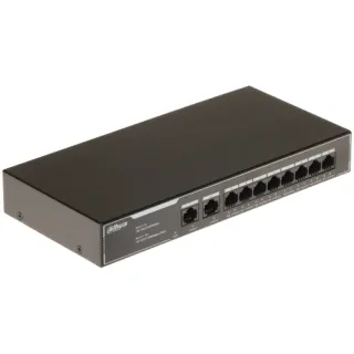 Na zdjęciu znajduje się czarny, prostokątny switch sieciowy Dahua z ośmioma portami Ethernet na przednim panelu. Urządzenie ma kompaktowy design i widoczne oznaczenia portów oraz logo producenta.