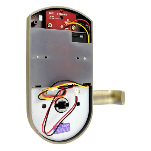 Zdjęcie przedstawia szyld z kontrolą dostępu marki Eura, z widocznymi przewodami i elektroniką wewnętrzną. Produkt ma metaliczną obudowę i jest wyposażony w klamkę po prawej stronie.