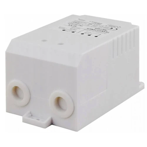 Biały transformator AWT468 TRZ-40VA z widocznymi oznaczeniami i otworami montażowymi. Urządzenie ma prostokątny kształt z zaokrąglonymi krawędziami.