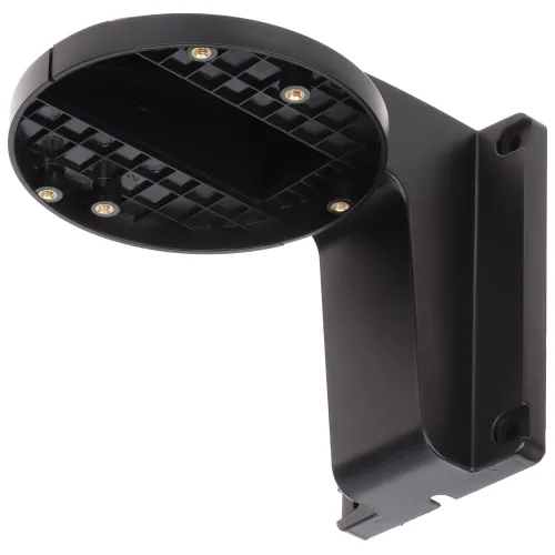 Czarny uchwyt kamery wykonany z metalu, przeznaczony do montażu na ścianie. Posiada okrągłą podstawę z otworami na śruby oraz prostokątną część mocującą.