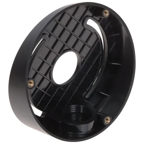 Czarny, okrągły uchwyt kamery z otworem centralnym i czterema otworami montażowymi na krawędziach. Powierzchnia wewnętrzna ma kratkowaną strukturę dla dodatkowej wytrzymałości.