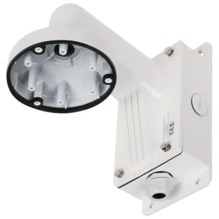 Uchwyt kamery Hikvision DS-1273ZJ-135B wykonany z białego metalu z okrągłą podstawą i otworami montażowymi. Posiada złącze kablowe i jest przeznaczony do montażu na ścianie.