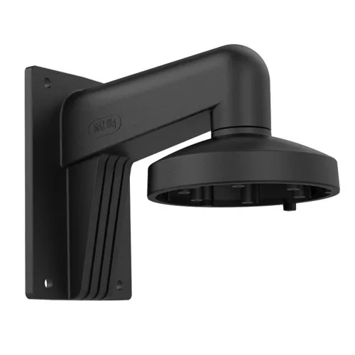 Czarny uchwyt kamery o nowoczesnym designie, przeznaczony do montażu na ścianie. Posiada solidną konstrukcję z zaokrąglonymi krawędziami i miejscem na mocowanie kamery.