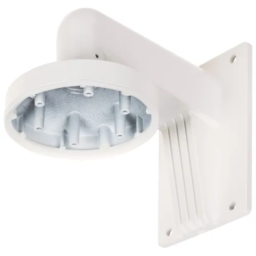 Biały uchwyt kamery DS-1273ZJ-DM32 Hikvision z metalową podstawą, przeznaczony do montażu na ścianie. Uchwyt ma prostokątną płytę montażową z otworami na śruby.