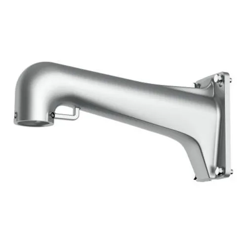 Metalowy uchwyt kamery w kolorze srebrnym, przeznaczony do montażu na ścianie. Posiada gładką powierzchnię i otwory montażowe na końcu ramienia.