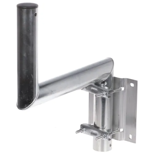 Regulowany uchwyt murowy wykonany z metalu, z pionowym i poziomym ramieniem. Uchwyt posiada otwory montażowe i śruby do mocowania.