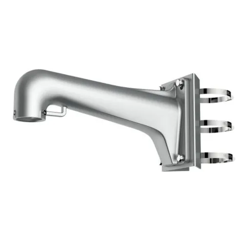 Metalowy uchwyt montażowy na słup w kolorze srebrnym, z trzema opaskami zaciskowymi. Uchwyt ma solidną konstrukcję i jest przeznaczony do montażu kamer.