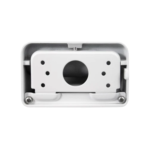 Na zdjęciu znajduje się biały uchwyt ścienny do kamer kopułkowych, widziany od przodu. Uchwyt ma prostokątny kształt z otworami montażowymi i centralnym otworem na przewody.