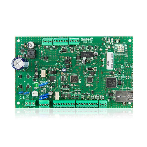 Zdjęcie przedstawia płytę główną centrali alarmowej VERSA IP. Produkt VERSA IP jest wyposażony w różne złącza i komponenty elektroniczne.