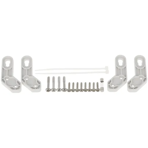 Na zdjęciu znajduje się zestaw montażowy składający się z czterech plastikowych uchwytów, dwóch opasek zaciskowych, sześciu śrub, trzech kołków rozporowych i jednego metalowego elementu. Elementy są ułożone na białym tle w uporządkowany sposób.