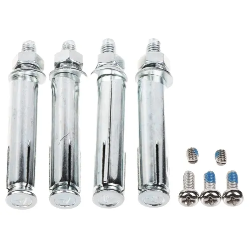 Na zdjęciu znajdują się cztery metalowe kołki rozporowe oraz sześć mniejszych śrubek. Elementy te są ułożone na białym tle.