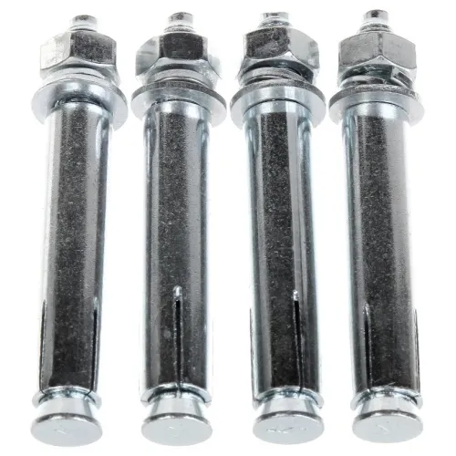 Na zdjęciu znajdują się cztery metalowe kotwy rozporowe ustawione pionowo obok siebie. Każda kotwa ma gwintowaną końcówkę i sześciokątną nakrętkę na górze.