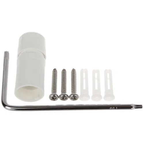 Zestaw montażowy składający się z białej tulei, czterech śrub, czterech kołków rozporowych oraz dwóch kluczy imbusowych. Elementy są ułożone na białym tle.