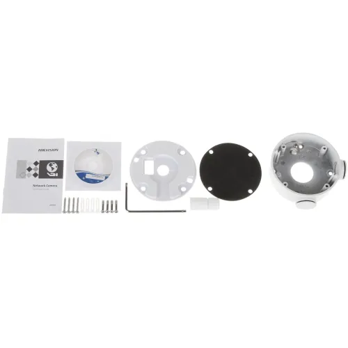 Zestaw montażowy do kamery Hikvision zawiera instrukcję, płytę CD, śruby, klucz imbusowy, adapter kablowy oraz elementy montażowe. Wszystkie części są rozłożone na białym tle, ukazując ich różnorodność i przeznaczenie.
