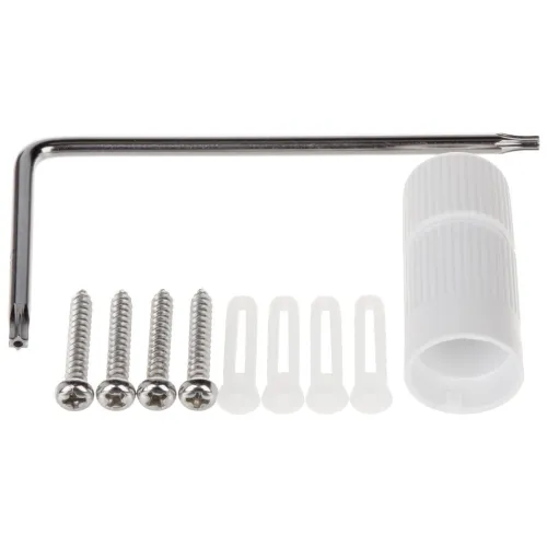 Na zdjęciu znajduje się zestaw montażowy składający się z klucza imbusowego, czterech śrub, czterech kołków rozporowych oraz białej tulei. Elementy są ułożone na białym tle.