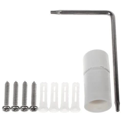 Na zdjęciu znajduje się zestaw montażowy składający się z klucza imbusowego, czterech wkrętów, czterech kołków rozporowych oraz białego elementu z tworzywa sztucznego. Elementy są ułożone na białym tle.