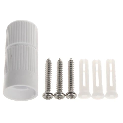 Na zdjęciu znajduje się biały, cylindryczny uchwyt z żebrowaną powierzchnią, obok którego leżą trzy metalowe wkręty oraz trzy plastikowe kołki rozporowe. Produkt jest przeznaczony do montażu na ścianie.