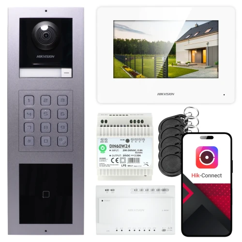 2vodičový videotelefon Hikvision 1x monitor DS-KH6320Y-WTE2 bílý, podomítkový panel, klávesnice, čtečka